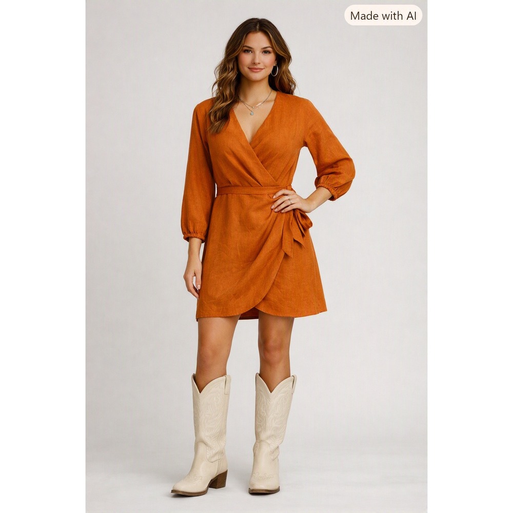 Express Linen Blend Mini Dress Womens XS Burnt Orange Cottagecore Boho Faux Wrap